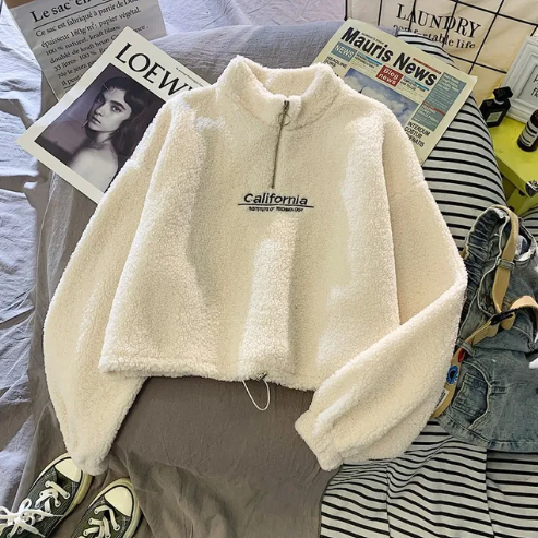 cropped fleece collar sweatshirt - plush velvet tops